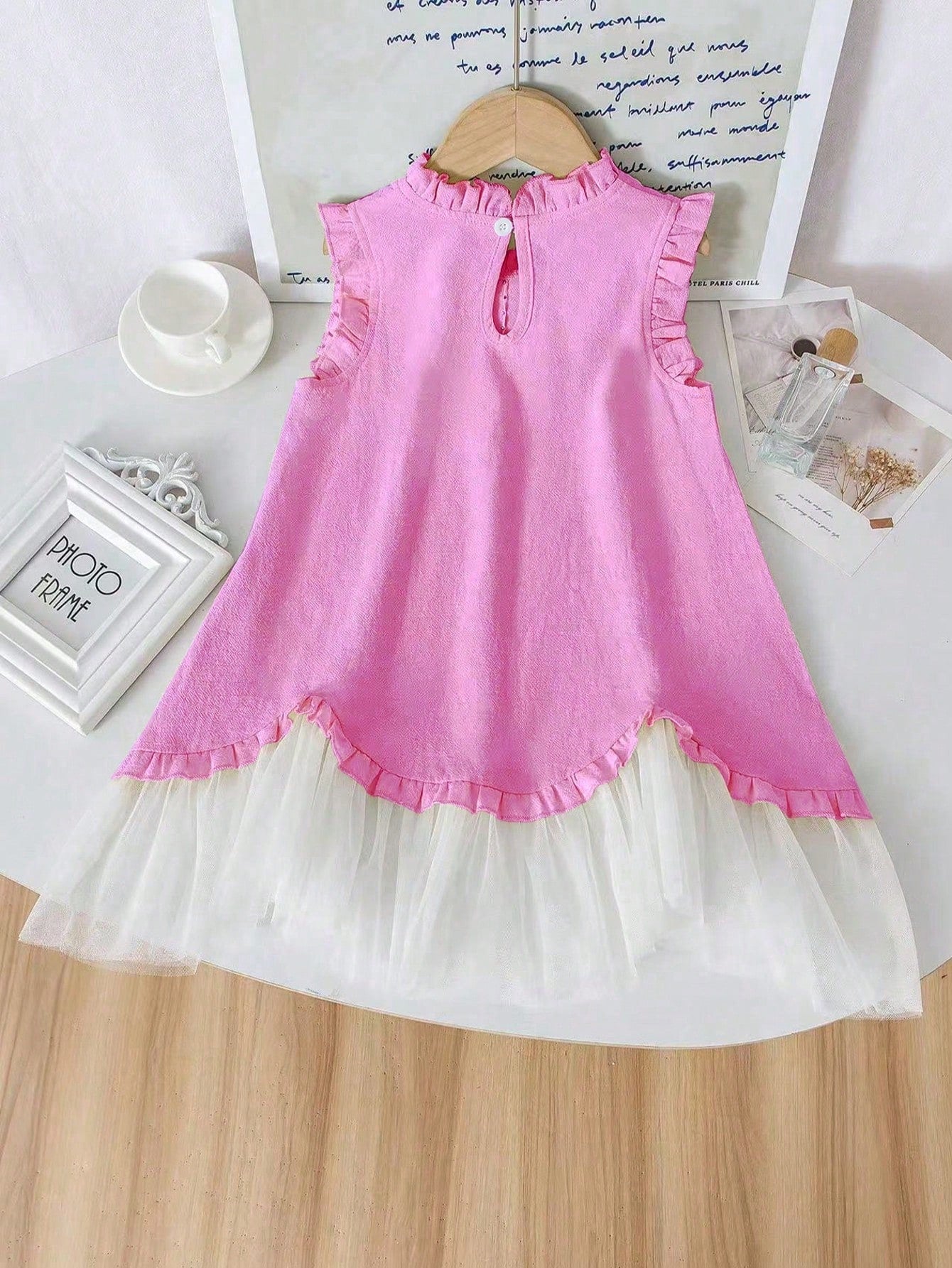 Young Girl Ruffle Trim White Mesh Dress