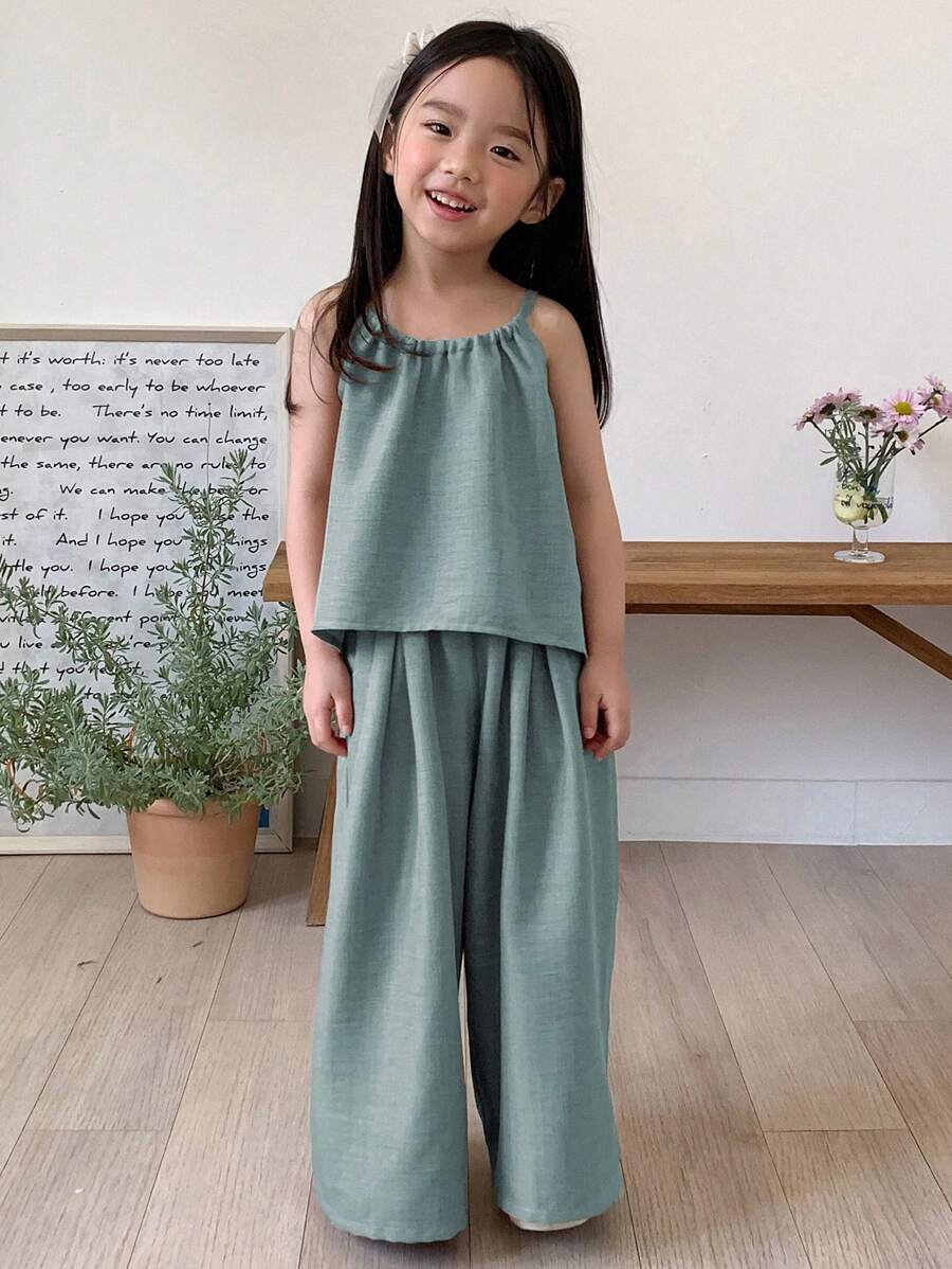 Young Girl Solid Color Pleated Loose Halter Tank Top And Pants Baby Blue