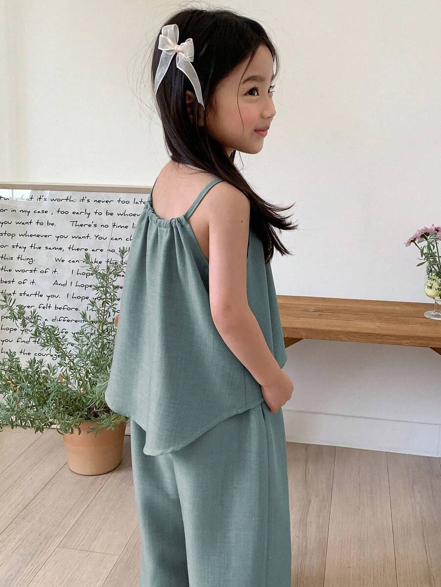 Young Girl Solid Color Pleated Loose Halter Tank Top And Pants