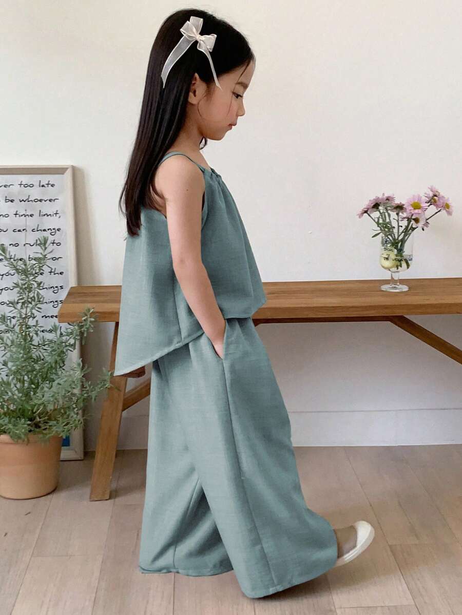 Young Girl Solid Color Pleated Loose Halter Tank Top And Pants