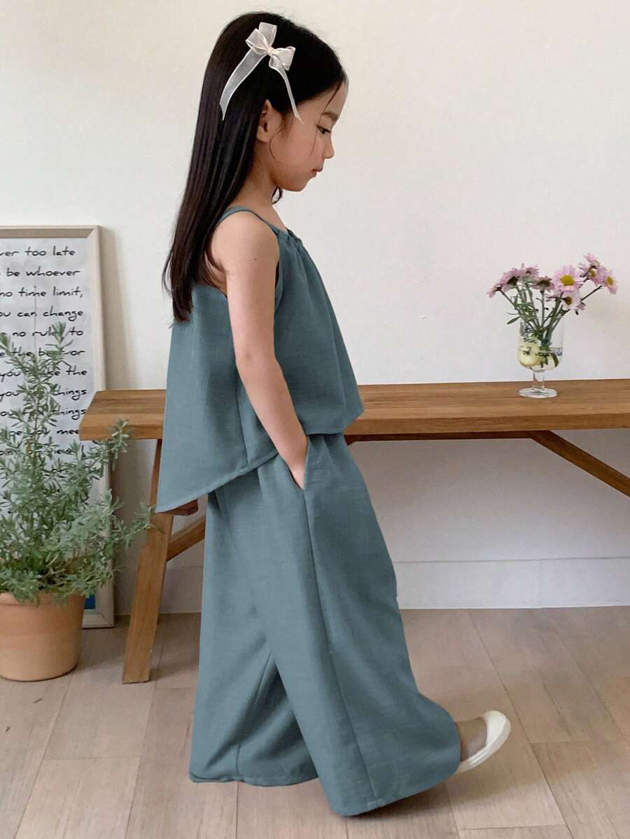Young Girl Solid Color Pleated Loose Halter Tank Top And Pants