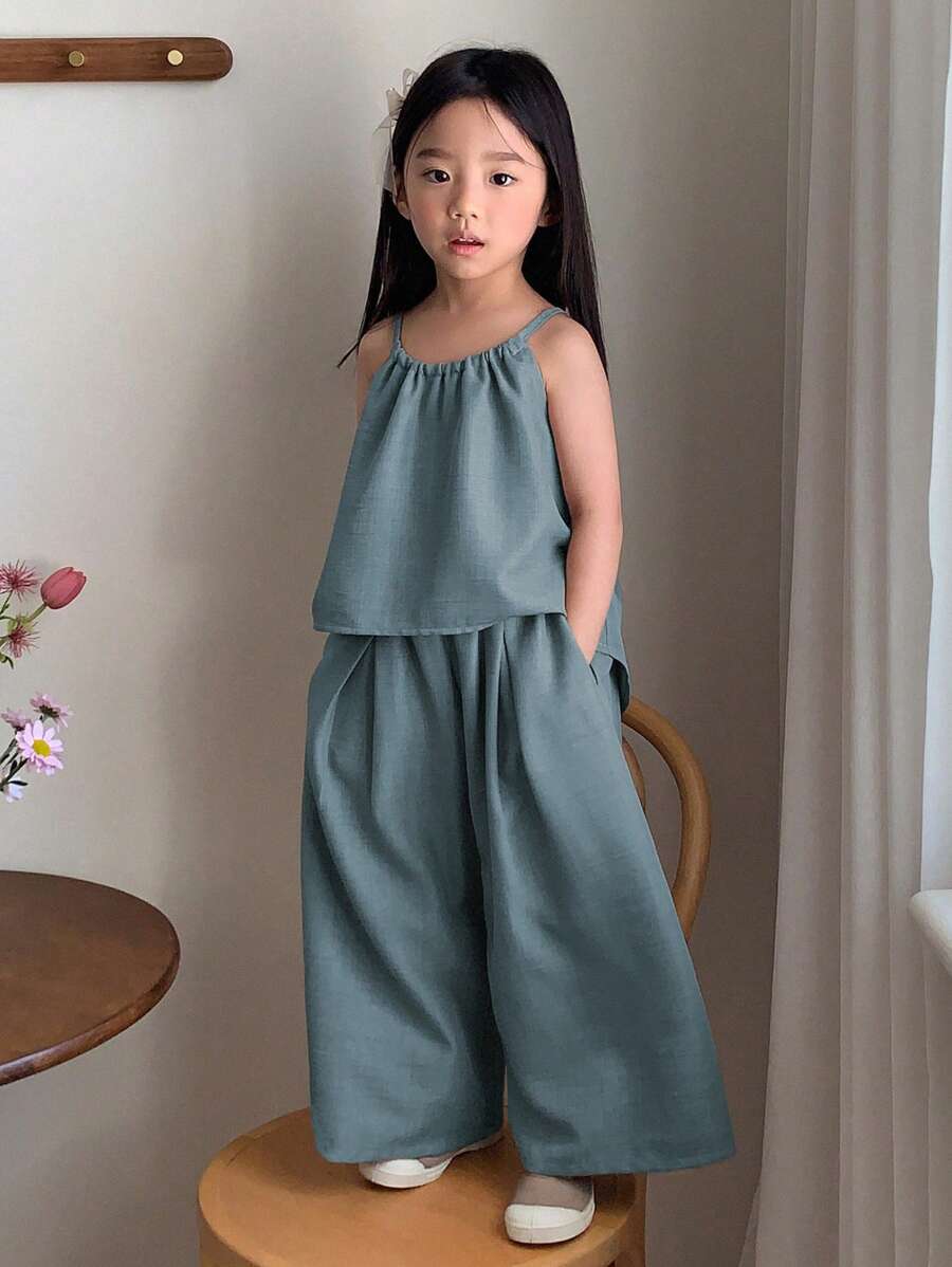 Young Girl Solid Color Pleated Loose Halter Tank Top And Pants Blue