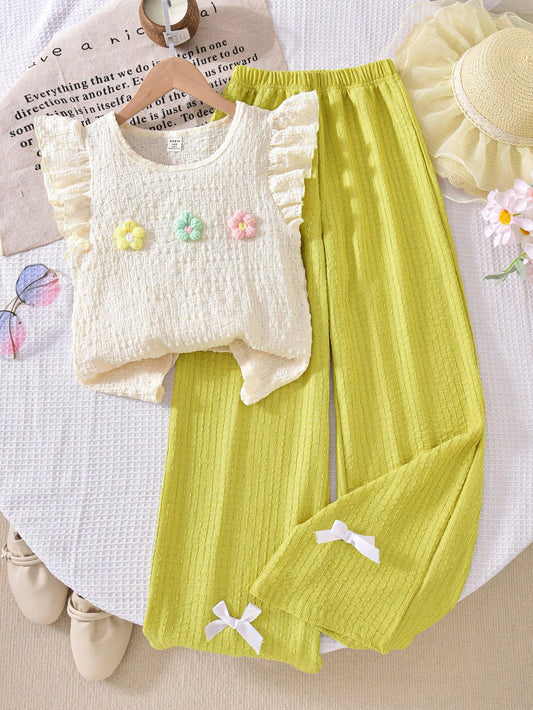 Floral Print Cap Sleeve Apricot T-Shirt With Yellow Casual Elastic Waist Pants Apricot