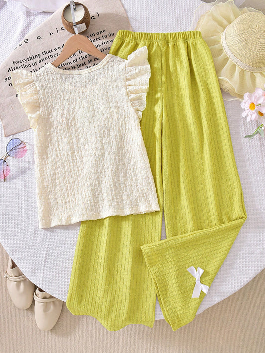Floral Print Cap Sleeve Apricot T-Shirt With Yellow Casual Elastic Waist Pants