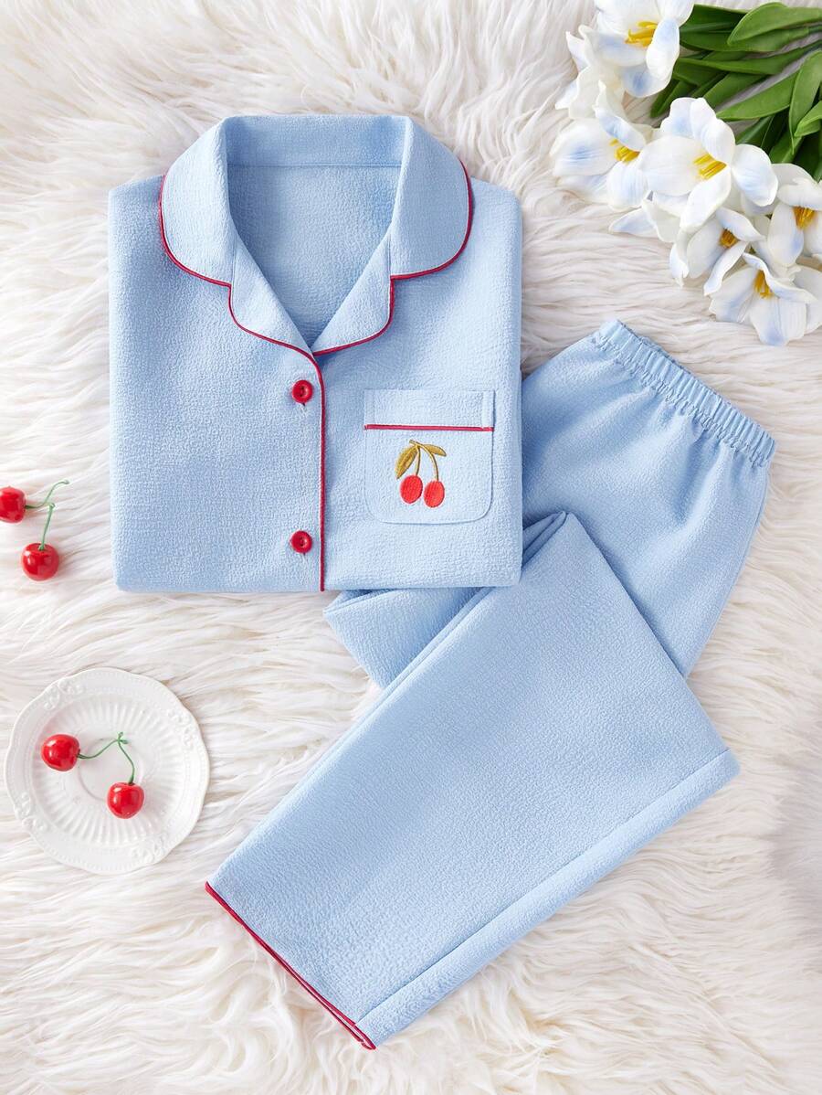 Cherry Embroidery Long Pants And Loose Fit Short Sleeve Home Blue