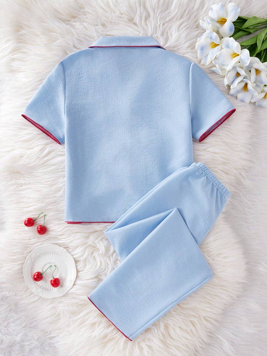 Cherry Embroidery Long Pants And Loose Fit Short Sleeve Home