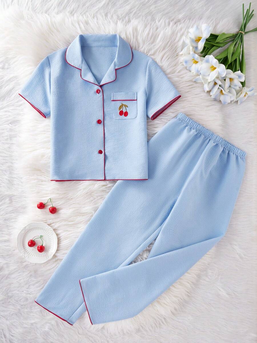 Cherry Embroidery Long Pants And Loose Fit Short Sleeve Home