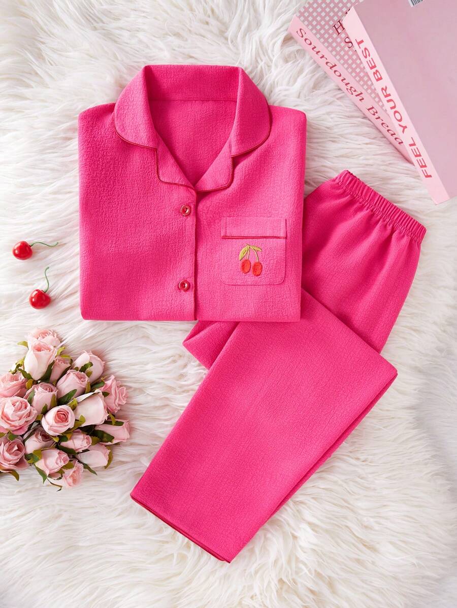 Cherry Embroidery Long Pants And Loose Fit Short Sleeve Home Hot Pink