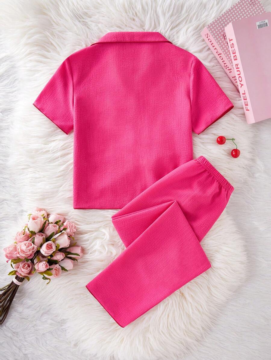 Cherry Embroidery Long Pants And Loose Fit Short Sleeve Home