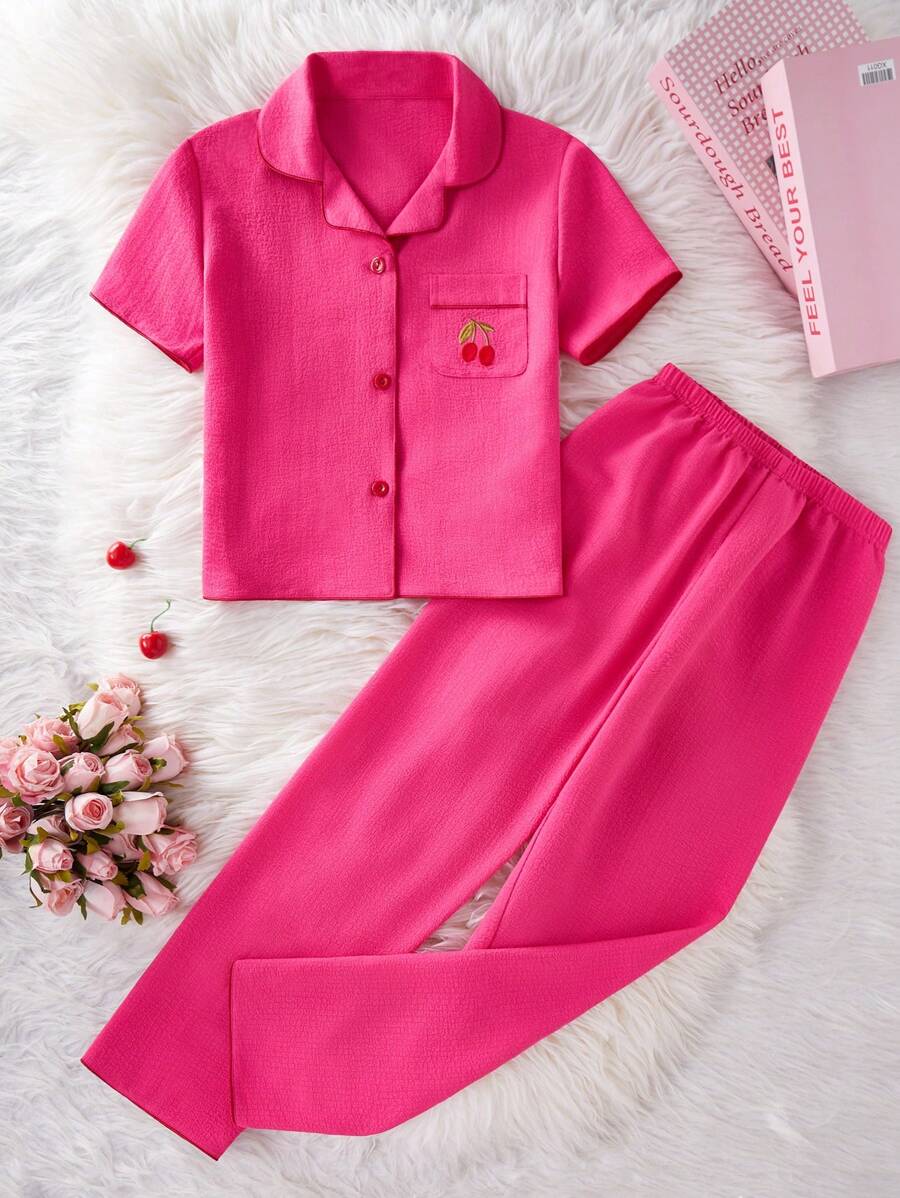 Cherry Embroidery Long Pants And Loose Fit Short Sleeve Home