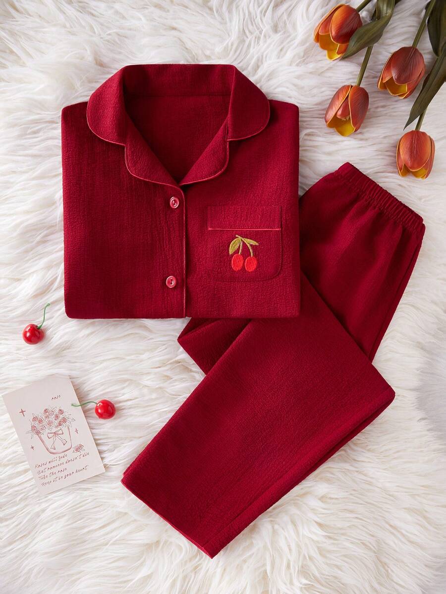 Cherry Embroidery Long Pants And Loose Fit Short Sleeve Home Burgundy