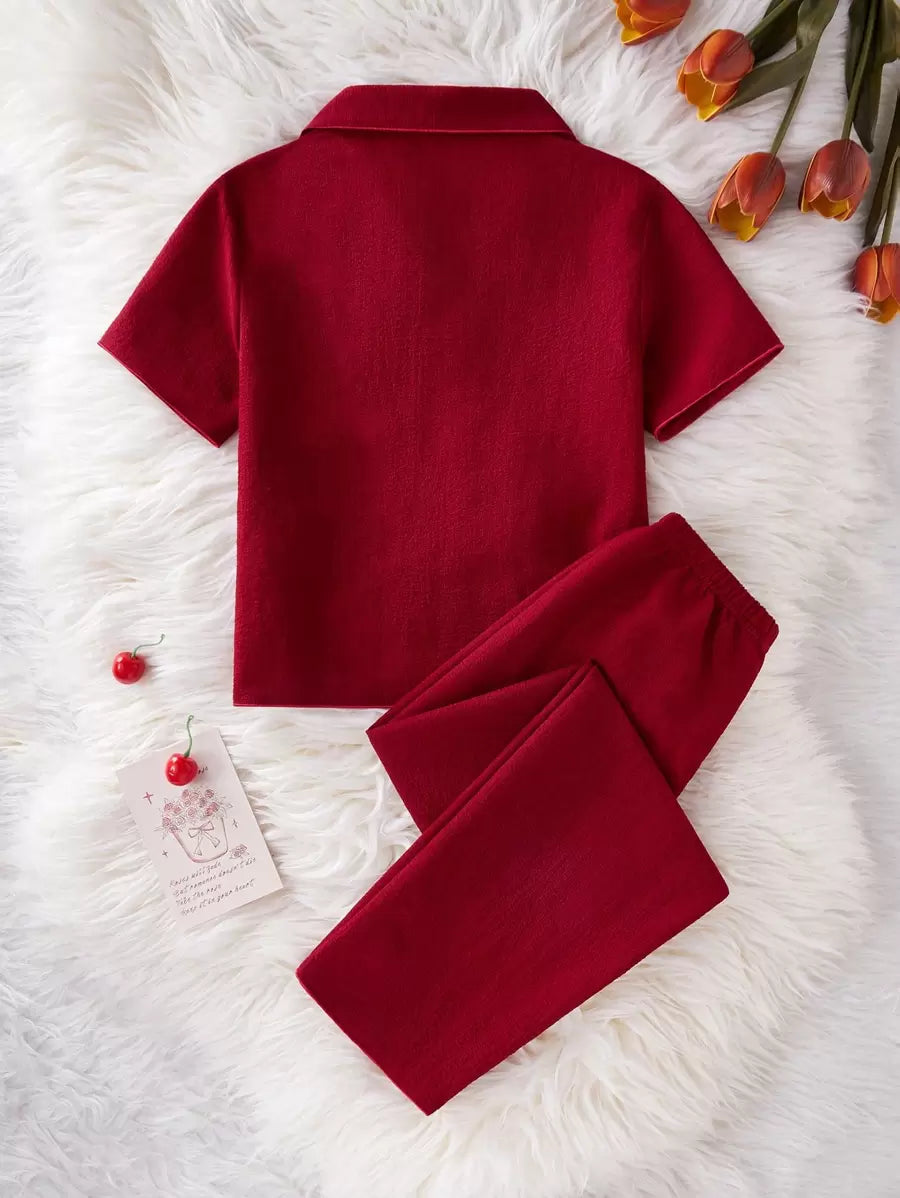 Cherry Embroidery Long Pants And Loose Fit Short Sleeve Home