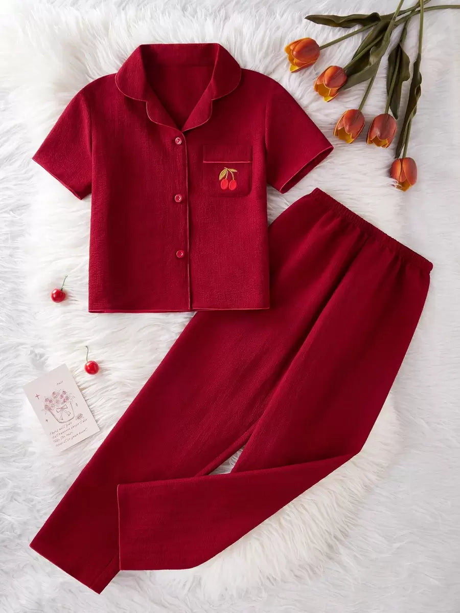 Cherry Embroidery Long Pants And Loose Fit Short Sleeve Home