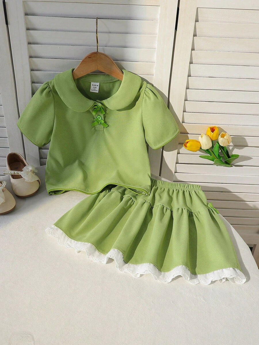 Young Girl Fashion Stylish Set Polo Collar Bowknot Short Sleeve Top + Ruffle Skirt Green