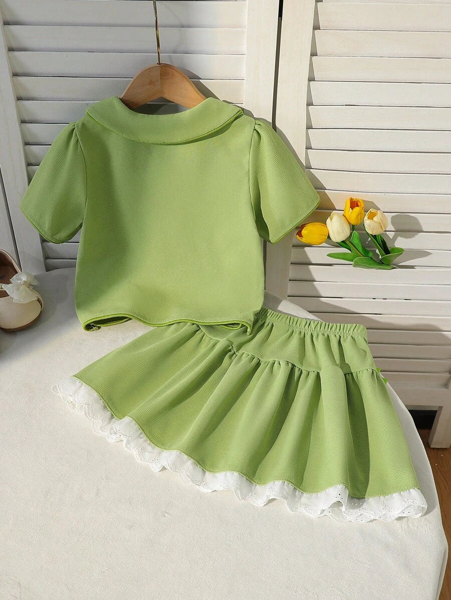 Young Girl Fashion Stylish Set Polo Collar Bowknot Short Sleeve Top + Ruffle Skirt