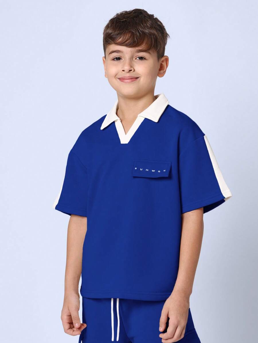 Tween Boys Comfy Boxy Fit V-Neck Polo And Cargo Short With Drawstrings