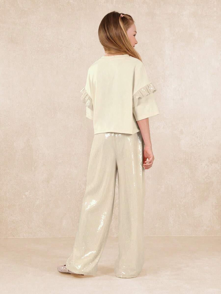 Tween Girls Crop Elbow Sleeve Sequin Top And Straight Fit Pant