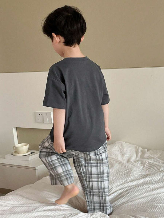 Toddler Boys Round Neck Letter Print Short Sleeve Knit T-Shirt & Woven Plaid Pants