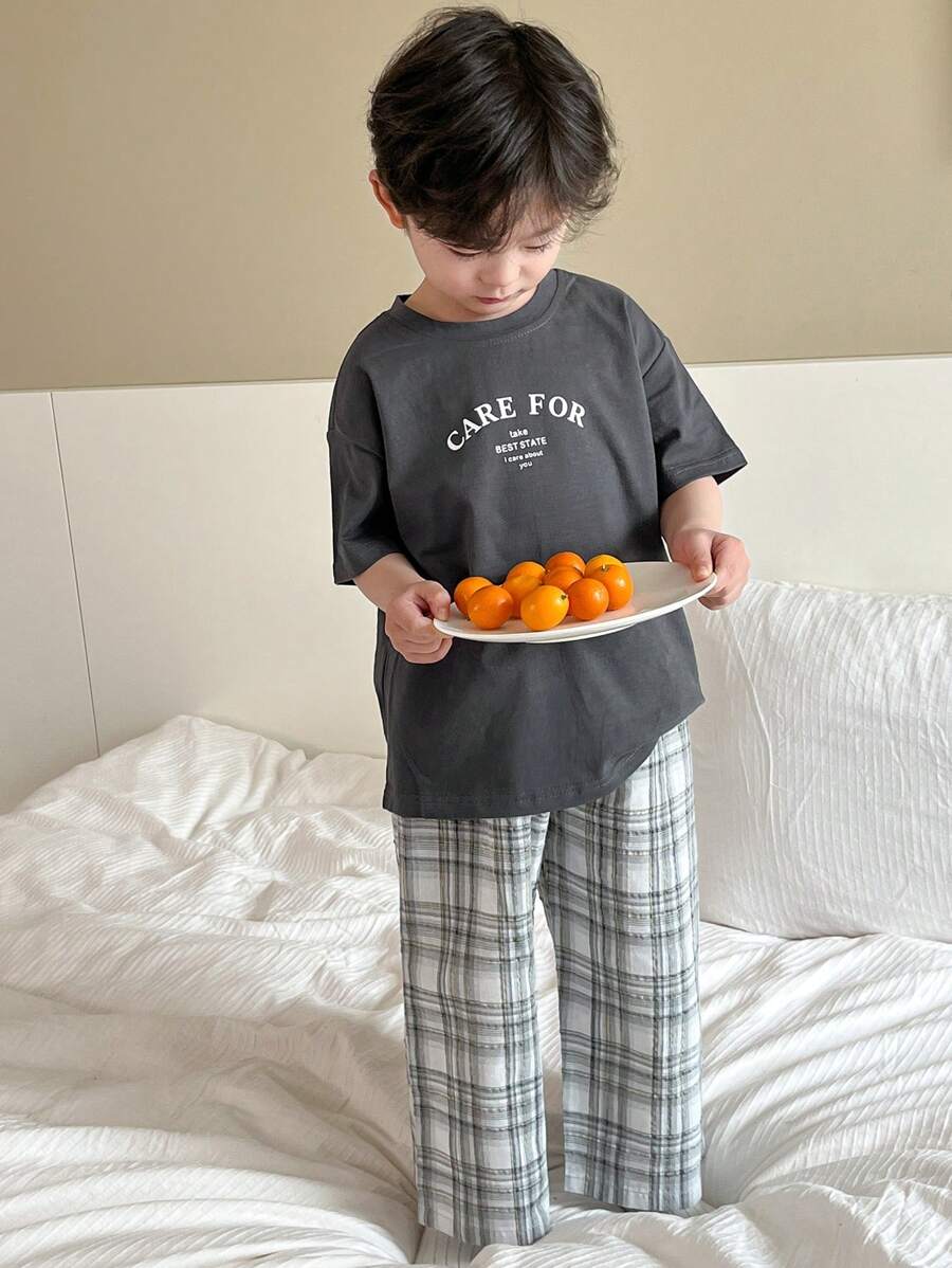 Toddler Boys Round Neck Letter Print Short Sleeve Knit T-Shirt & Woven Plaid Pants Black & White