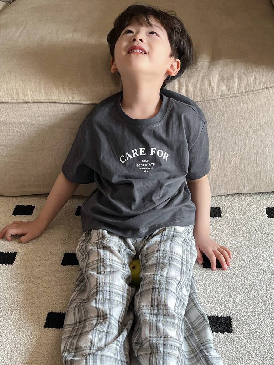 Toddler Boys Round Neck Letter Print Short Sleeve Knit T-Shirt & Woven Plaid Pants