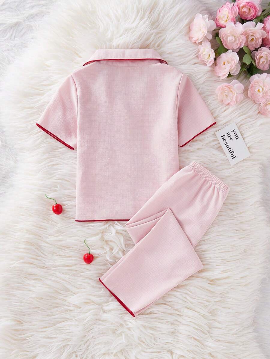 Cherry Embroidery Long Pants And Loose Fit Short Sleeve Home