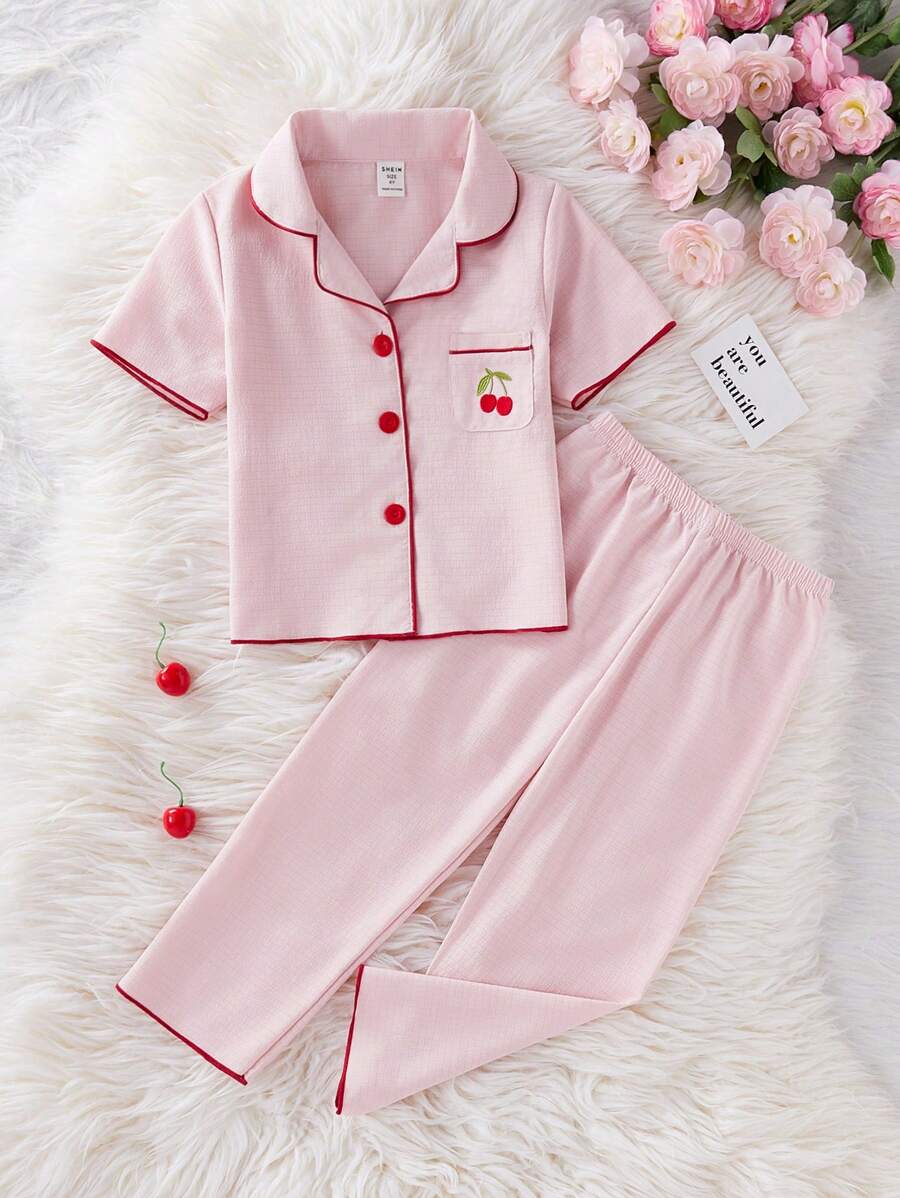 Cherry Embroidery Long Pants And Loose Fit Short Sleeve Home Pink