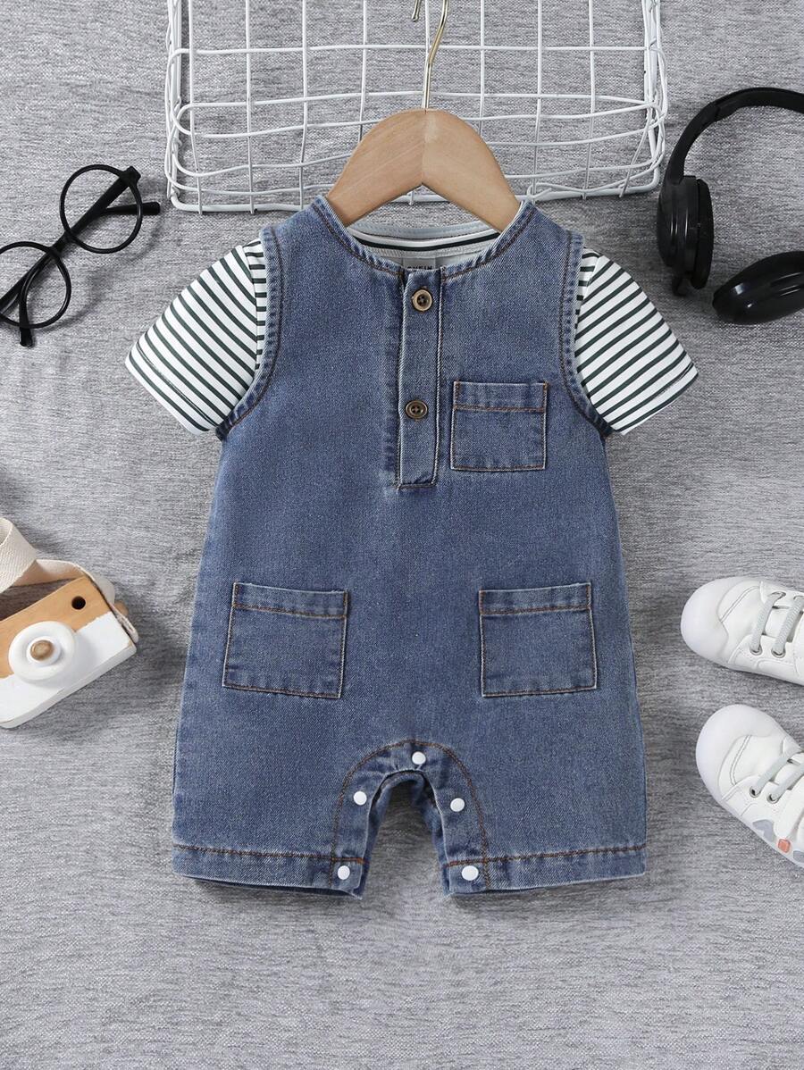 Baby Boys' Cute Striped Round Neck Short Sleeve T-Shirt & Loose Washed Denim Snap Crotch Overalls