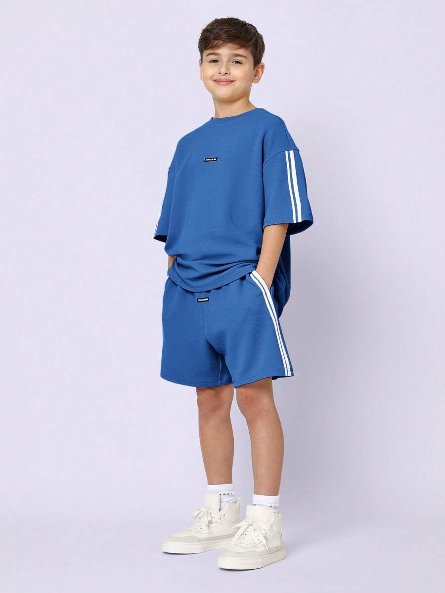 Tween Boys Comfy Oversized Fit Textured Elbow Sleeve Tee And Short With Tape Teal Blue