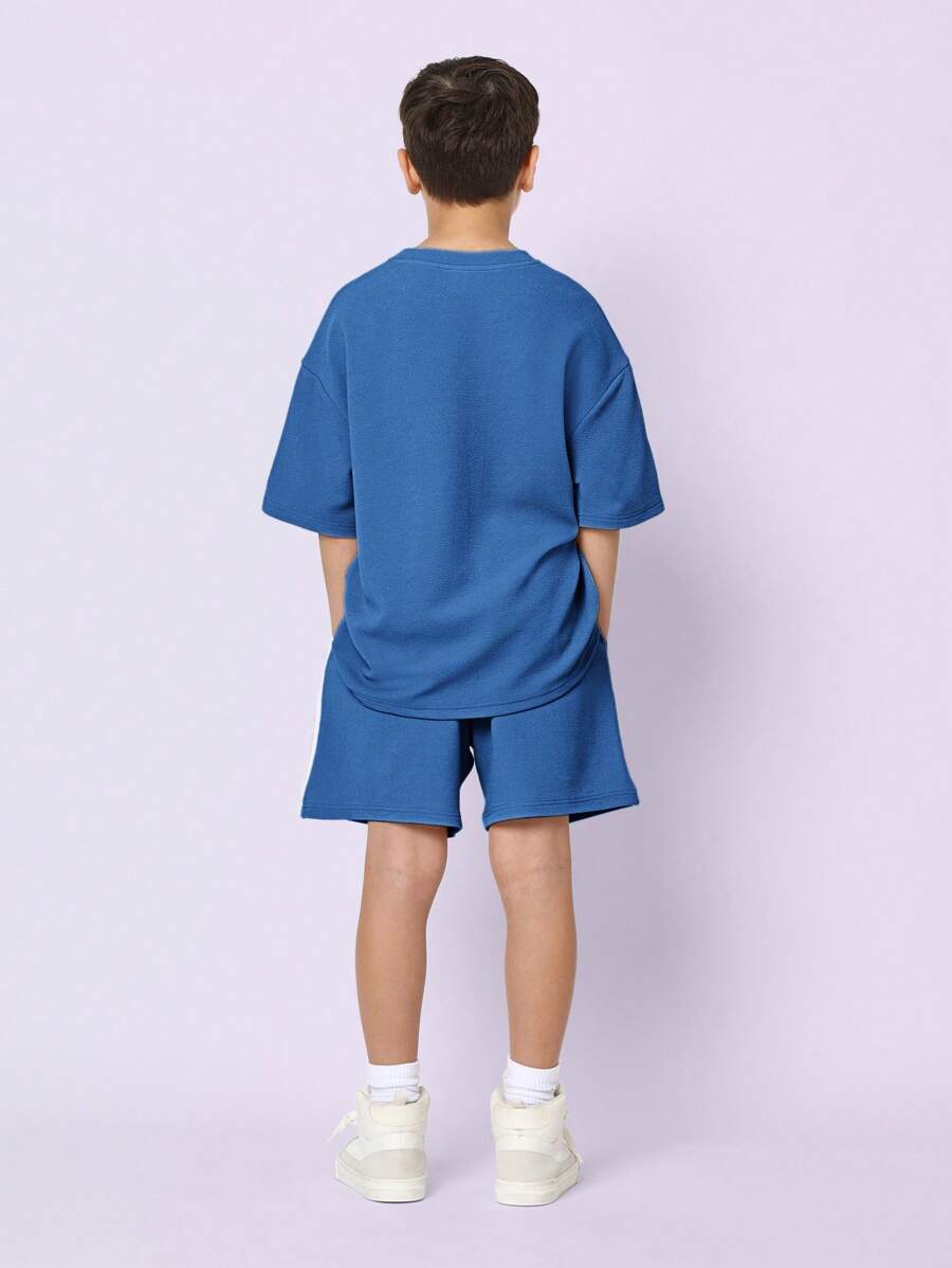 Tween Boys Comfy Oversized Fit Textured Elbow Sleeve Tee And Short With Tape