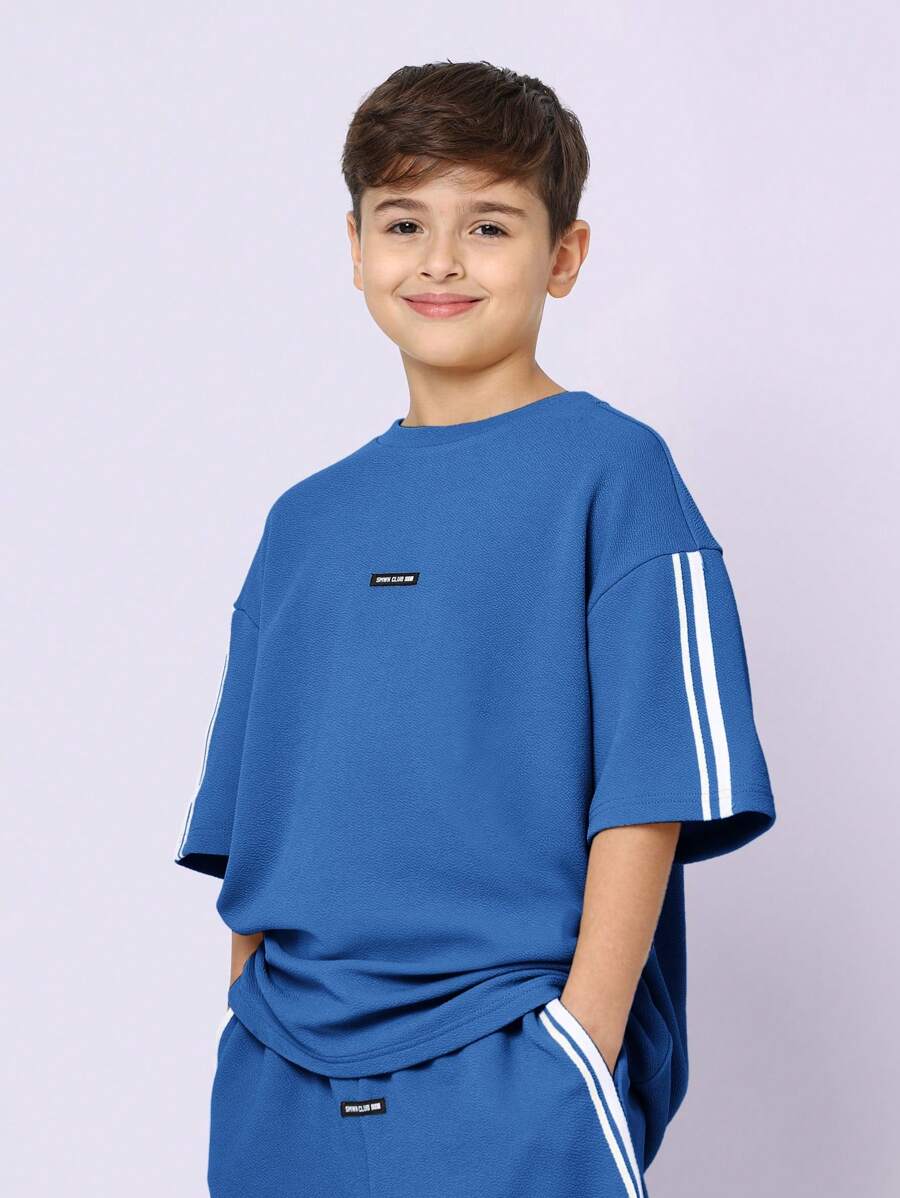 Tween Boys Comfy Oversized Fit Textured Elbow Sleeve Tee And Short With Tape