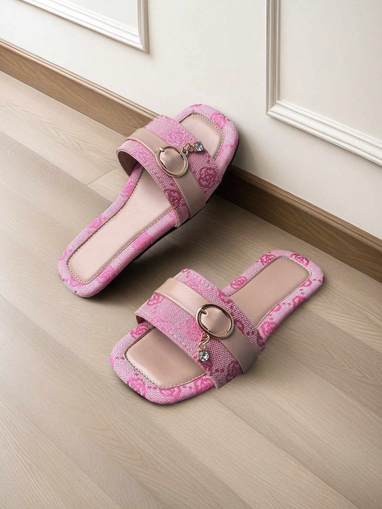 1 Pair Girls Open Toe Buckle Pendant Flower Decor Slide Sandals Pink