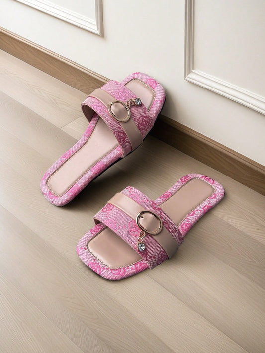 1 Pair Girls Open Toe Buckle Pendant Flower Decor Slide Sandals Pink