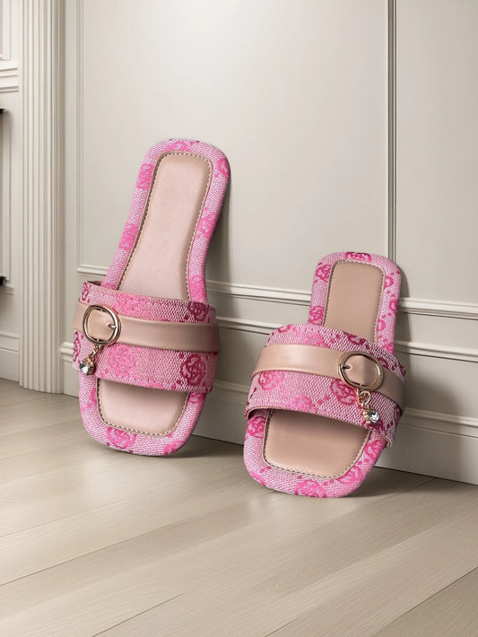 1 Pair Girls Open Toe Buckle Pendant Flower Decor Slide Sandals