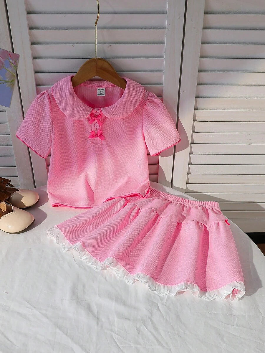 Young Girl Fashion Stylish Set Polo Collar Bowknot Short Sleeve Top + Ruffle Skirt Pink