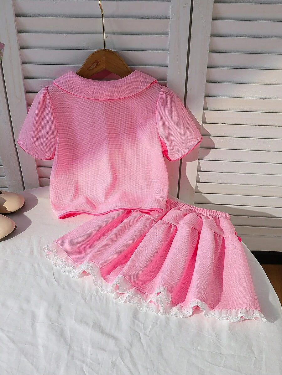 Young Girl Fashion Stylish Set Polo Collar Bowknot Short Sleeve Top + Ruffle Skirt