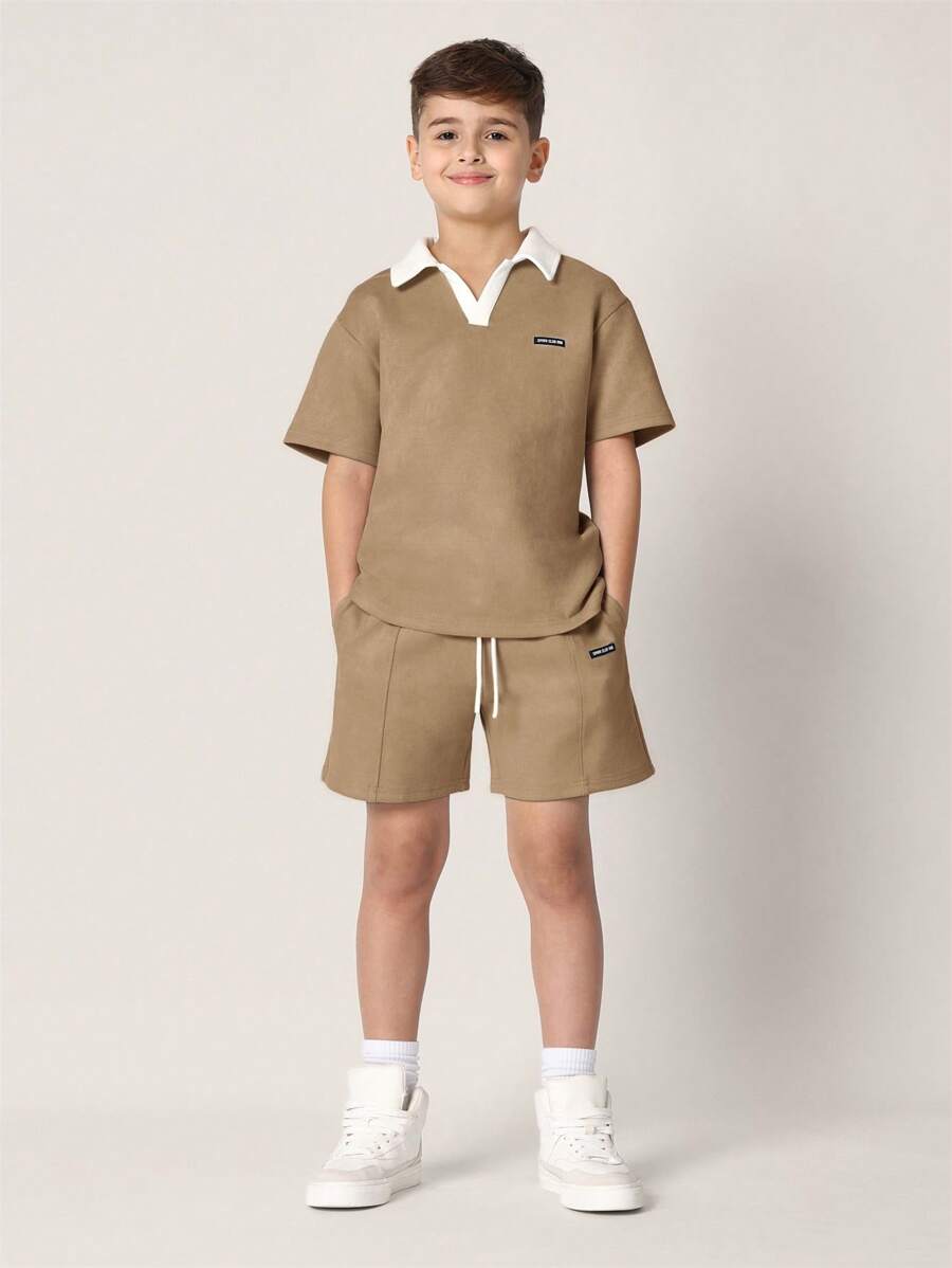 Tween Boys Comfy Regular Fit Suedette Contrast Collar Polo Top And Short Camel