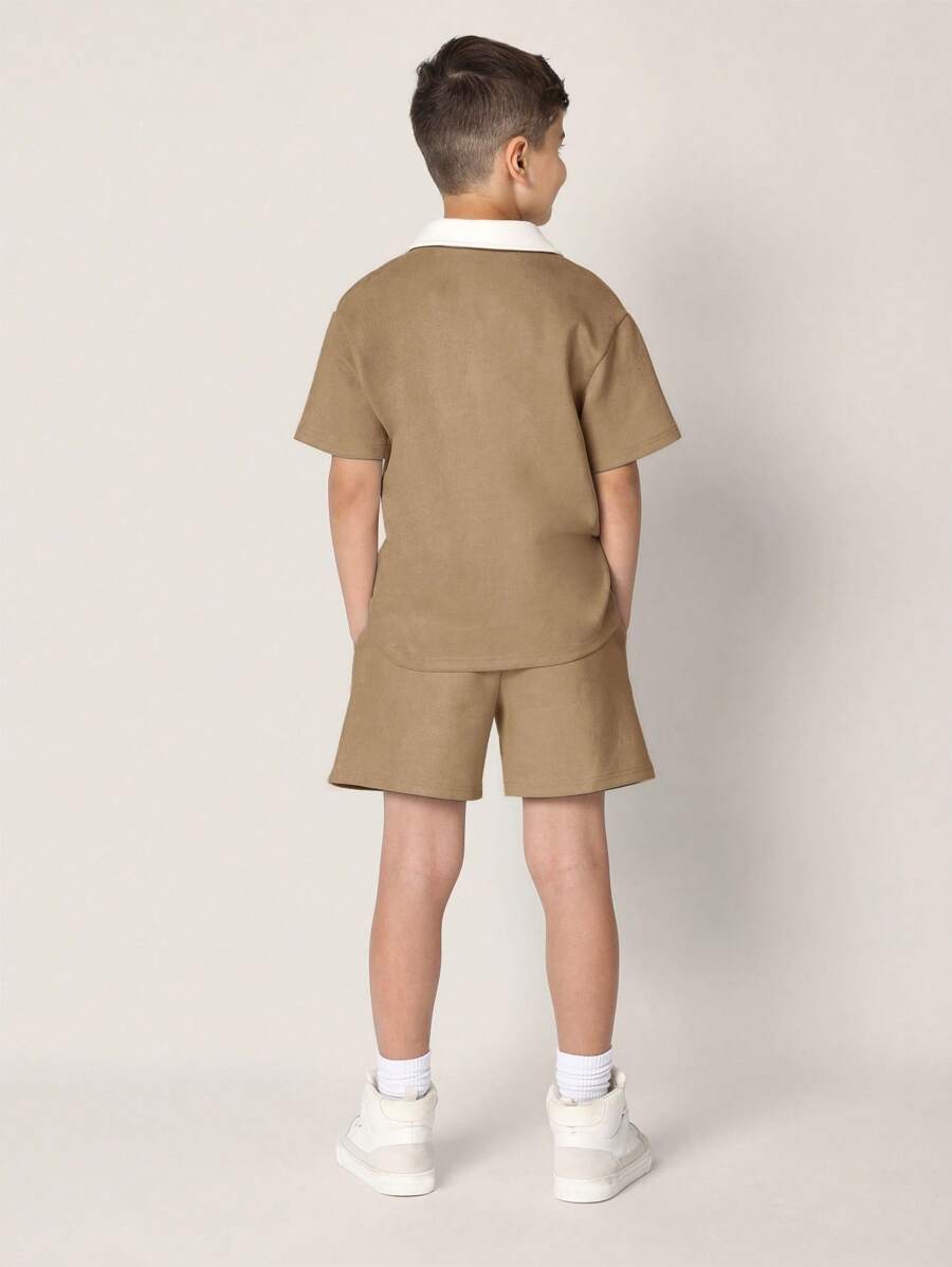 Tween Boys Comfy Regular Fit Suedette Contrast Collar Polo Top And Short