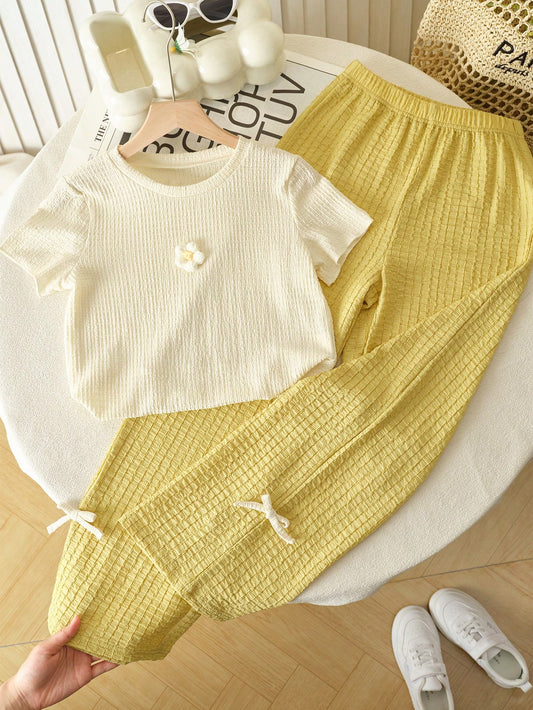 Casual Cute Floral Textured Fabric Short Sleeve T-Shirt & Bow Decor Long Pants