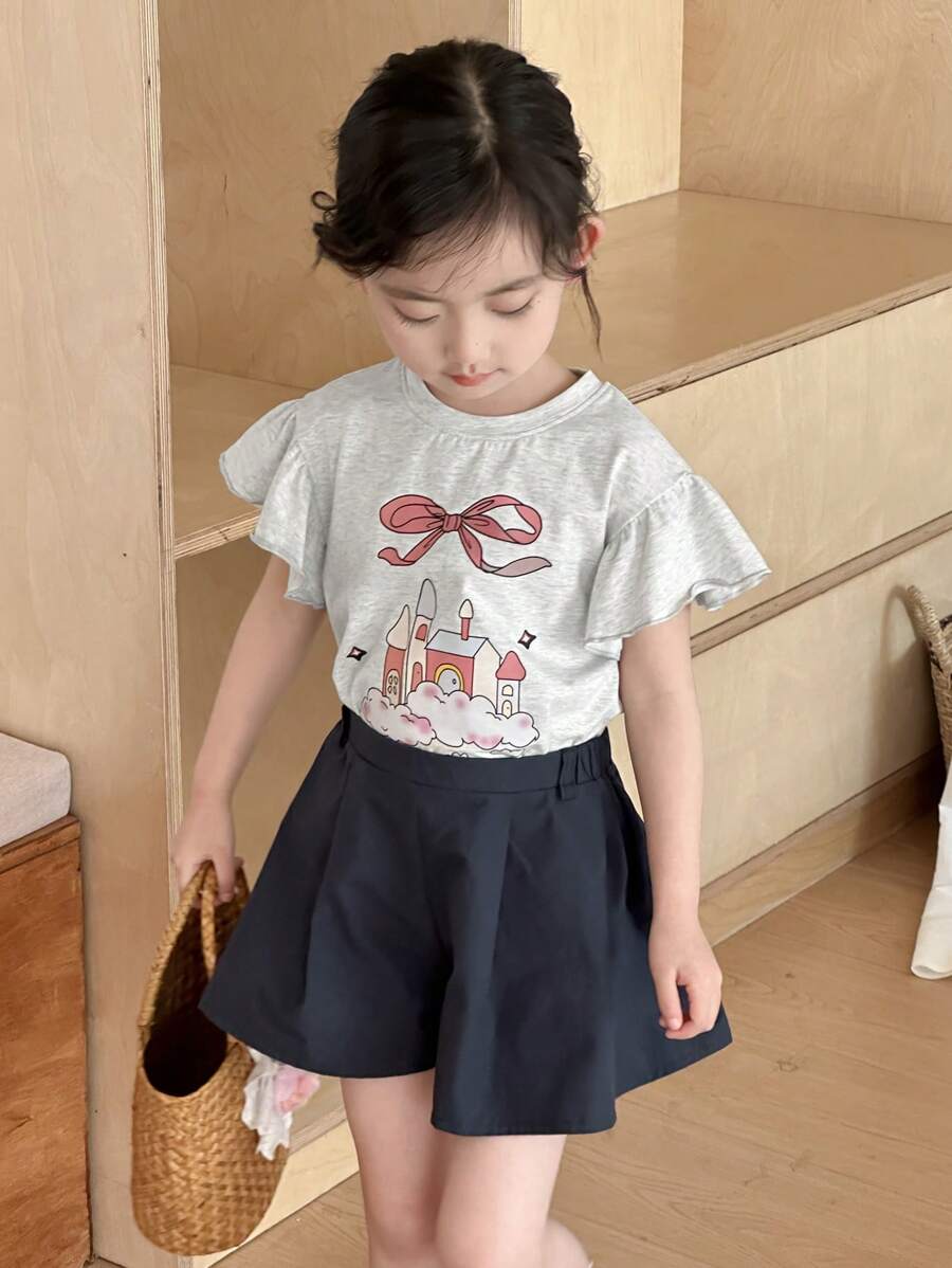 Young Girl Casual Butterfly & Castle Print Ruffle Sleeve Top And Shorts Grey