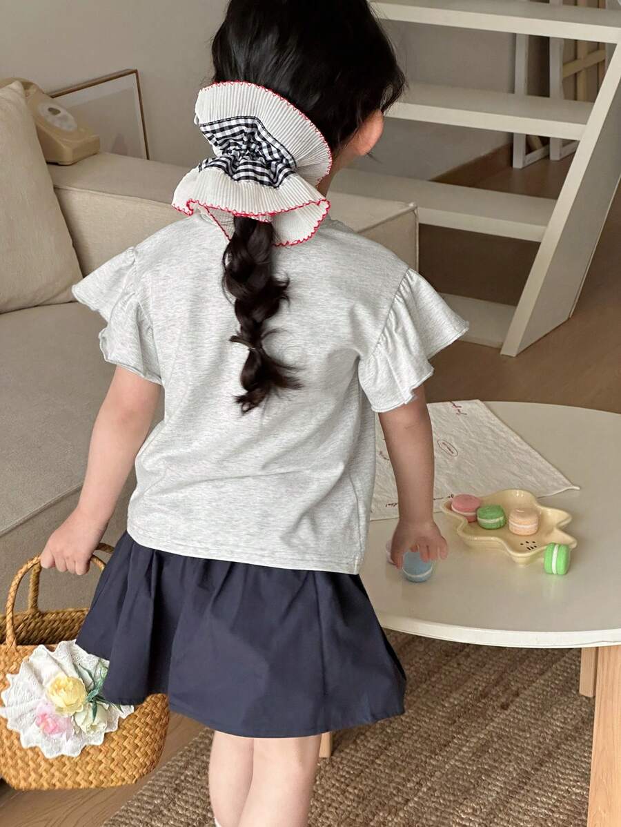 Young Girl Casual Butterfly & Castle Print Ruffle Sleeve Top And Shorts