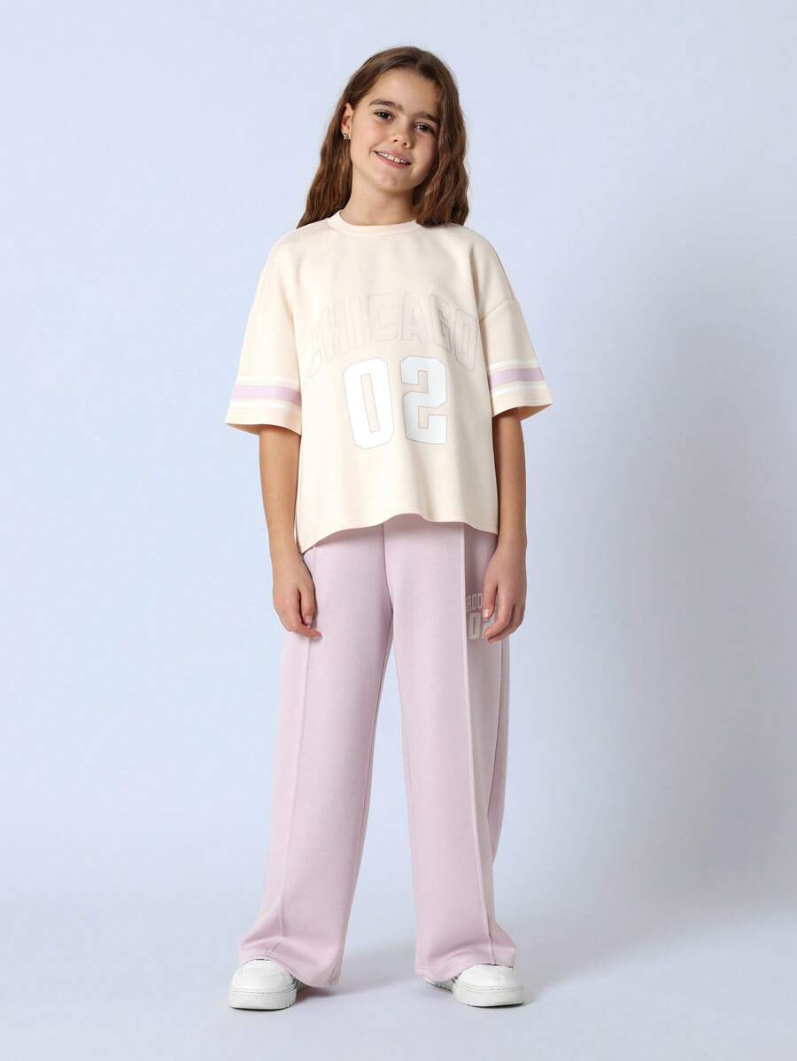 Tween Girls Comfy Elbow Sleeve Chicago Graphic Print Tee And Pink Sweatpants With Pleats