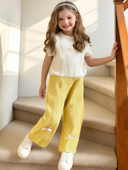 Casual Cute Floral Textured Fabric Short Sleeve T-Shirt & Bow Decor Long Pants Multicolor