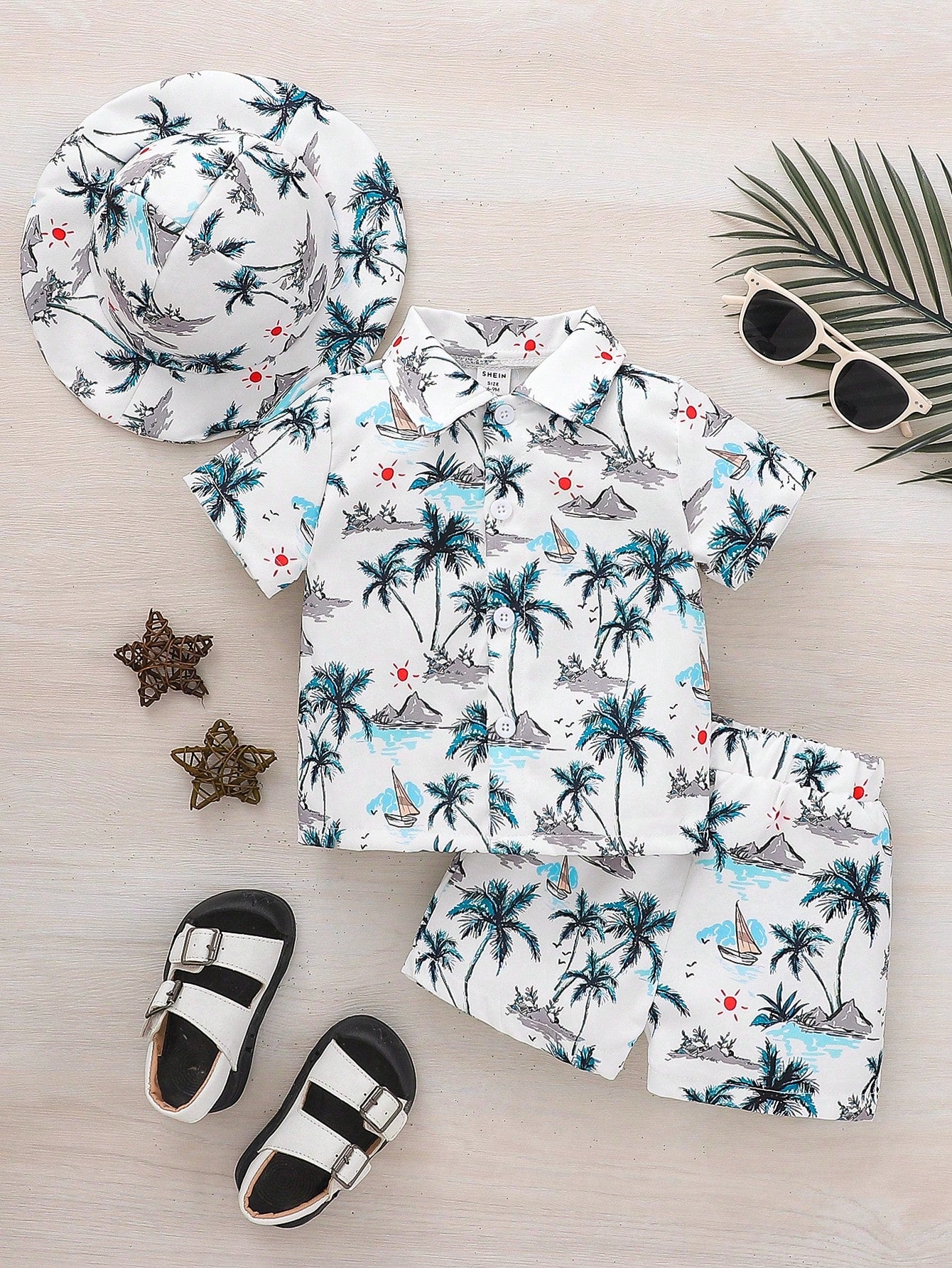 Baby Boys' Fashionable Tropical Plant/Flower Pattern Printed Shirt Collared Top And Shorts With Hat, Multicolor 2
