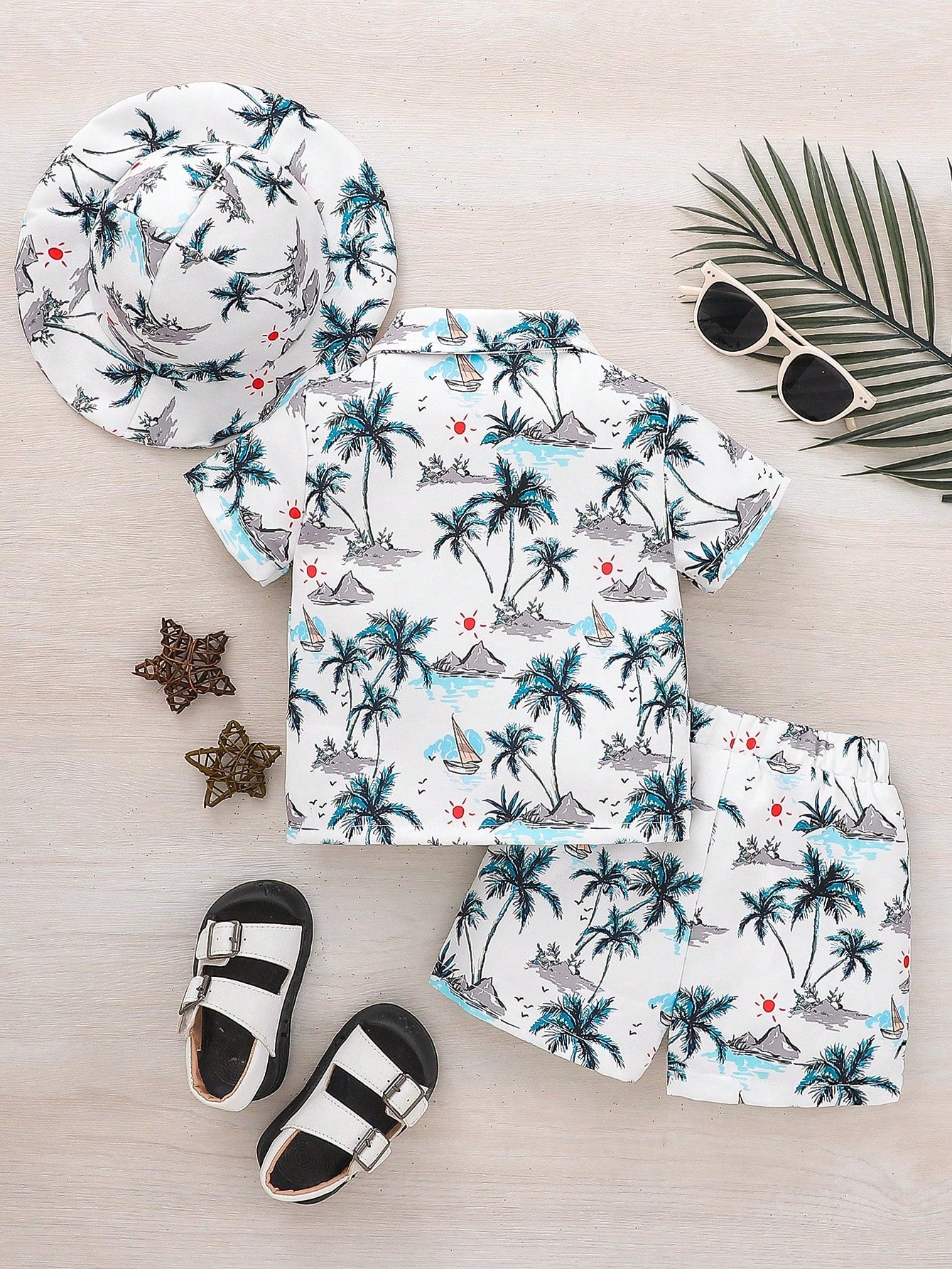 Baby Boys' Fashionable Tropical Plant/Flower Pattern Printed Shirt Collared Top And Shorts With Hat,