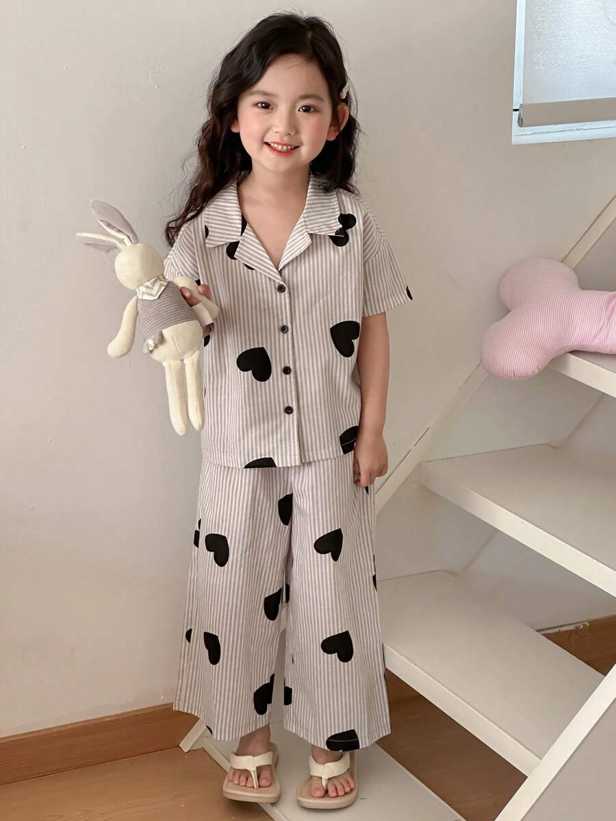 DAZY Front Button Short Sleeve Heart Printed Simple Top And Long Pant
