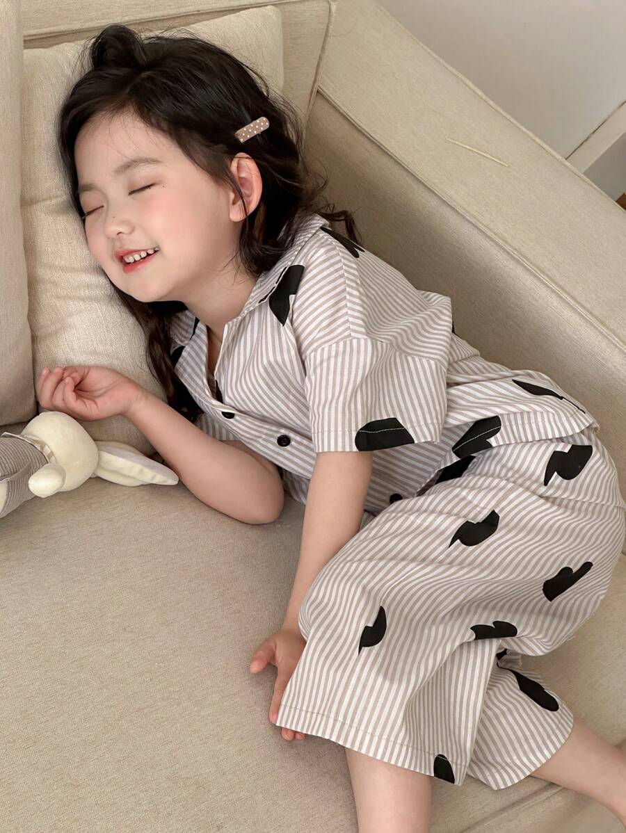 DAZY Front Button Short Sleeve Heart Printed Simple Top And Long Pant