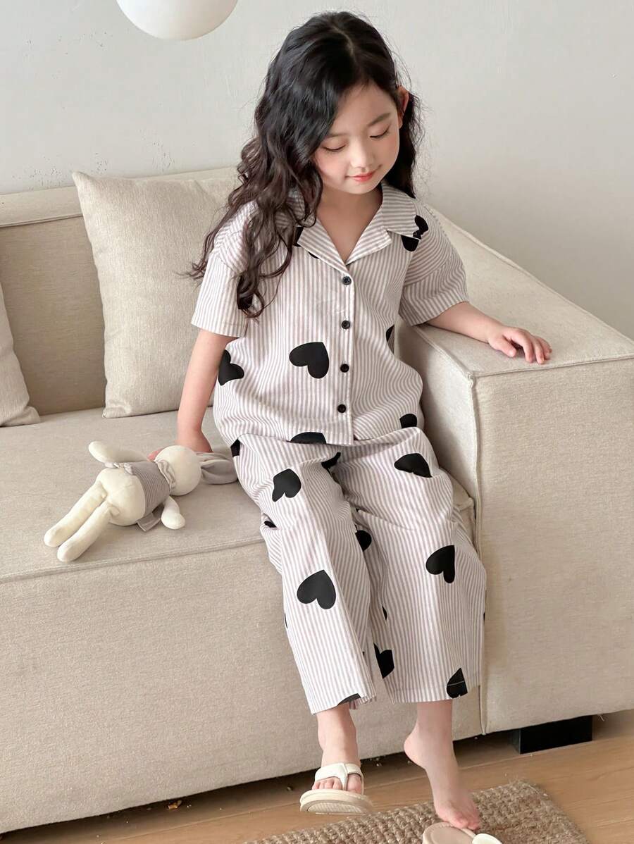 DAZY Front Button Short Sleeve Heart Printed Simple Top And Long Pant Multicolor