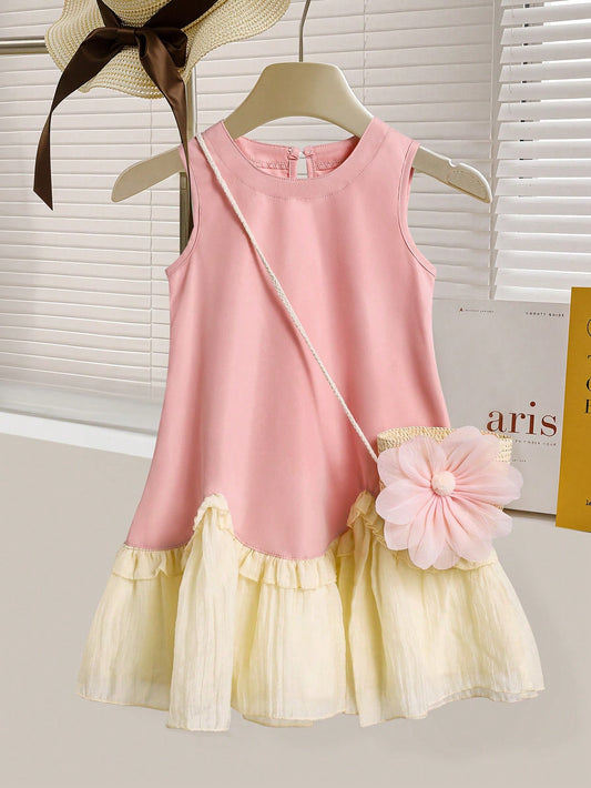 Young Girl Summer Sweet Solid Color Ruffled Hem Sleeveless Princess Dress Pink