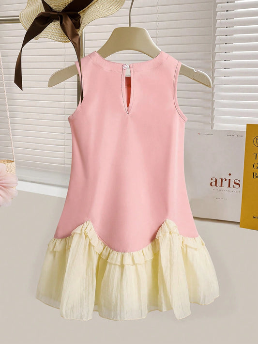 Young Girl Summer Sweet Solid Color Ruffled Hem Sleeveless Princess Dress