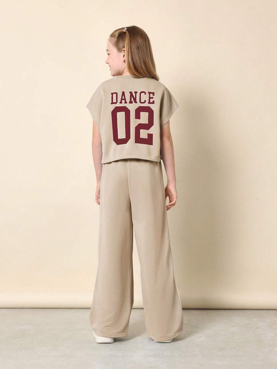 Tween Girls Comfy Boxy Fit Crop Sleeveless Tee And Straight Fit Pants Camel